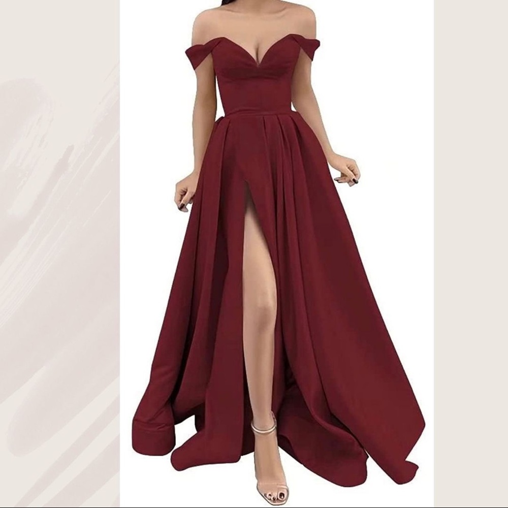 Off Shoulder Deep Red Prom Dress, has slit on one side with a corseted back.